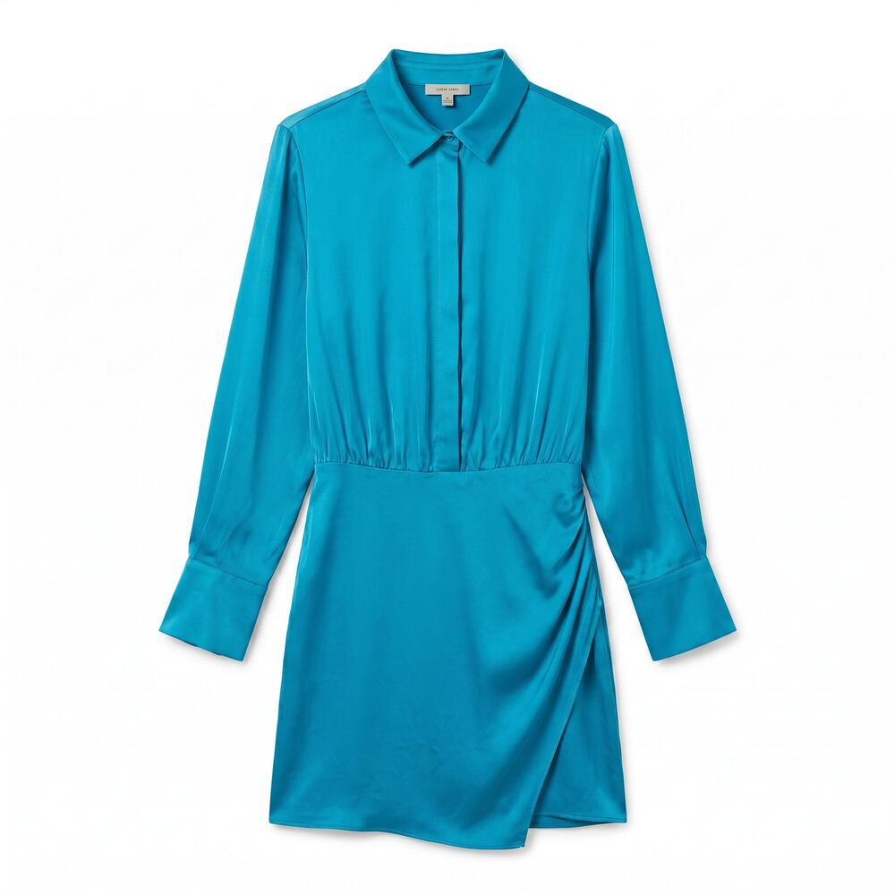 Amanda Uprichard Teal 100% Silk Satin Mini Shirt Dress | Long Sleeve | Slit